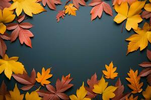 Minimalistic autumn design Maple leaves, cones on dark gray backdrop AI Generated photo