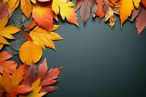 Minimalistic autumn design Maple leaves, cones on dark gray backdrop AI Generated photo