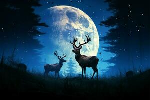 Moonlit night casts a striking deer silhouette against the horizon AI Generated photo