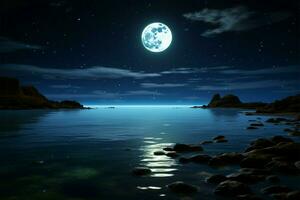 luz de la luna se baña el mar, estrellas iluminar el noches tranquilo 3d escena ai generado foto