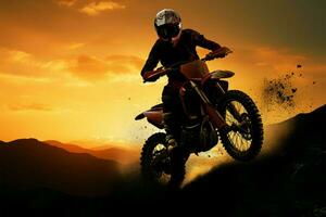 motocross motos silueta desafía gravedad, personificando aventuras y acción ai generado foto