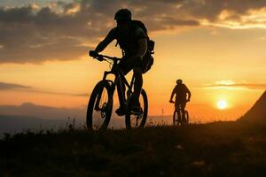 Mountain bike silhouettes in the evening, cyclists touring, travel and fitness AI Generated photo