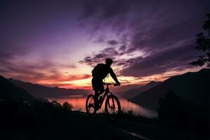 Mountain bikers enjoy a twilight ride through scenic, hilly landscapes AI Generated photo