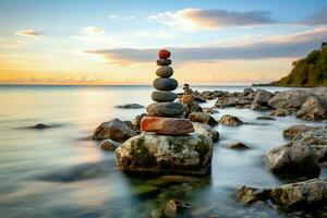 Natures harmony Rock stacking, an alternative therapeutic practice for balance AI Generated photo