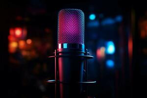Neon lit studio microphone adds an electrifying aura to the setting AI Generated photo