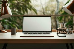 Office desk featuring a laptop mockup for professional presentations AI Generated photo