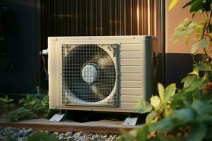 Outdoor home AC unit with condenser coil cools using air AI Generated photo