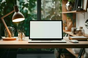 Office desk featuring a laptop mockup for professional presentations AI Generated photo