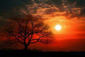 Peaceful sunset Small sun, silhouette tree, tranquil nature, abstract background AI Generated photo