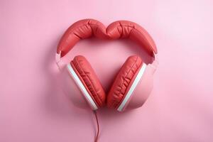 rosado fondo Hospedadores corazón almohada y auriculares audio afecto ai generado foto