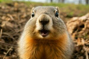 retrato de un marmota en marmota día, prediciendo estacional cambios ai generado foto