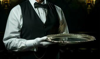 Refined service professional Butler holds silver tray, black vest, gloves AI Generated photo