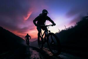 jinetes en montaña bicicletas explorar escabroso terreno durante el noche ai generado foto