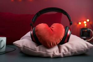 romántico o podcast vibraciones rojo corazón almohada y auriculares diseño ai generado foto