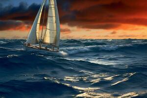 Sailboat basks in the ethereal glow of a beautiful sunset AI Generated photo