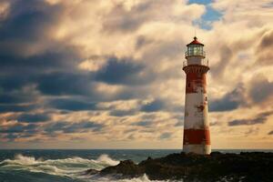 playa Faro majestuoso faro pasa por alto el vasto y tranquilo mar ai generado foto