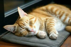 Selective focus captures a peacefully sleeping brown and white cat AI Generated photo