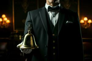 Service industry symbol Butler in suit, white gloves, ringing bell AI Generated photo