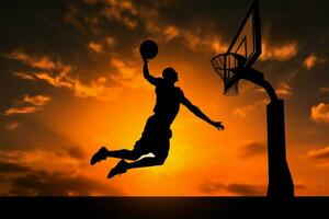 Silhouetted basketball player in mid air jump, poised for the slam dunk AI Generated photo