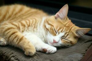 Selective focus captures a peacefully sleeping brown and white cat AI Generated photo