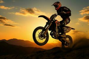 Silhouetted motocross bike defies gravity, embodying adventure and daring action AI Generated photo