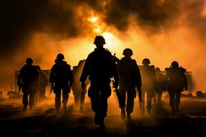 Soldiers amidst smoke and fire, silhouetted against a dramatic sunset AI Generated photo