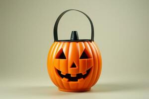 Spooky season ready Halloween pumpkin bucket against a white canvas AI Generated photo