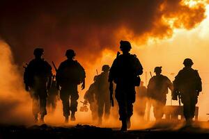 Soldiers amidst smoke and fire, silhouetted against a dramatic sunset AI Generated photo