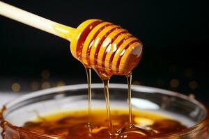 Spoonful of honey, amber nectar slowly flowing, tempting indulgence AI Generated photo