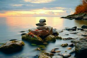 apilado piedras en naturaleza, un alternativa tratamiento para interior calma ai generado foto