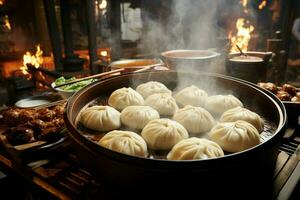 Ancient Chinese towns culinary treasures mouthwatering, flavorful buns AI Generated photo