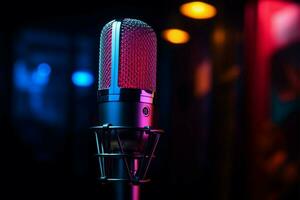 Studio microphone glows in neon light against a dark background AI Generated photo