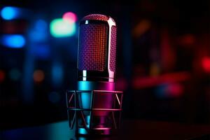 Studio microphone glows in neon light against a dark background AI Generated photo