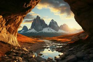 Sun kissed beauty Tre Cimes three peaks grace Italys stunning scenery AI Generated photo