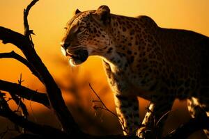Sunlight bathes a poised leopard in the early morning hours AI Generated photo