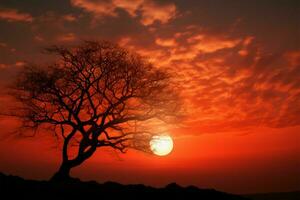 Sunset serenity Small sun, tree silhouette, tranquil death abstract background AI Generated photo