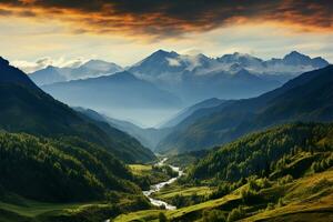 Svaneti, Georgia Thick mountain pass fog envelops the Caucasus landscape AI Generated photo