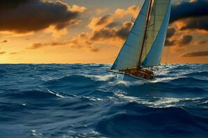 Tranquil seas and a sailboat bathed in the mesmerizing sunset light AI Generated photo
