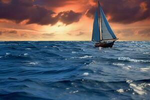 Tranquil seas and a sailboat bathed in the mesmerizing sunset light AI Generated photo