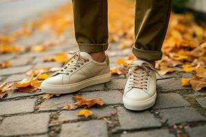 Trendy trousers and stylish beige shoes on a park walk AI Generated photo