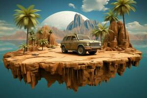 Unique 3D desert art with off road tourism and exotic palm trees AI Generated photo