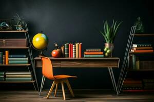 Vintage writing desk, bookshelf, and decor against a black backdrop AI Generated photo