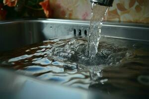 Water and food particles collect in the stainless steel sink drain AI Generated photo