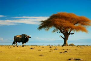 ñu junto a un solitario árbol, un instantánea de natural serenidad ai generado foto