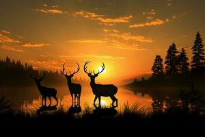 vida silvestre serenidad ciervo siluetas en un impresionante, ligero empapado prado ai generado foto