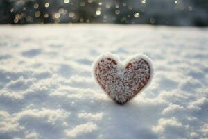 inviernos afecto corazones hecho a mano en el nieve, un romántico visión ai generado foto