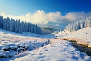 inviernos encanto en luz de sol un sereno y soleado Nevado paisaje ai generado foto