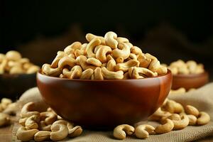 Wooden bowl holds cashew nuts on rustic burlap cloth backdrop AI Generated photo