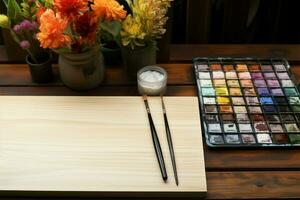 Wooden table adorned with artists essentials, perfect for creative endeavors AI Generated photo