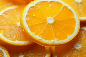 Zesty orange slice close up set against a colorful backdrop AI Generated photo